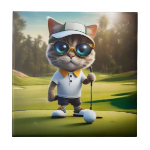 Funny Animerad Cat Golf Player Kakelplatta