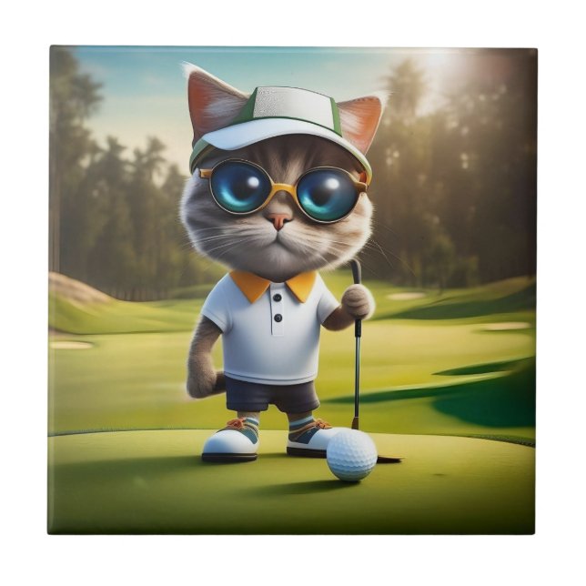 Funny Animerad Cat Golf Player Kakelplatta (Framsidan)
