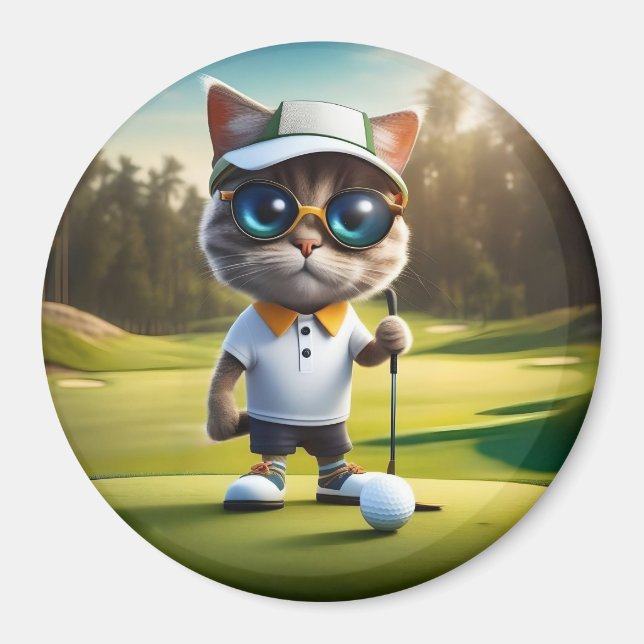 Funny Animerad Cat Golf Player Magnet (Framsidan)