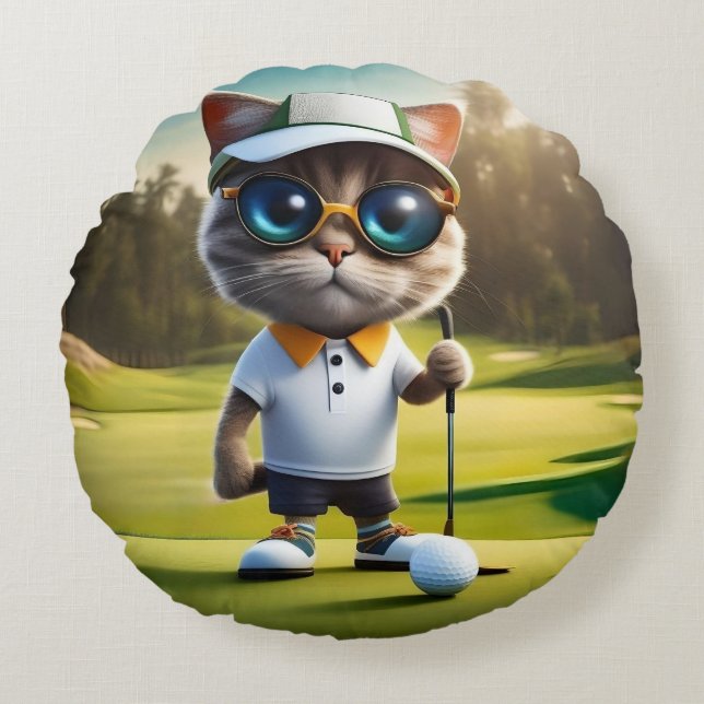 Funny Animerad Cat Golf Player Rund Kudde (Framsidan)