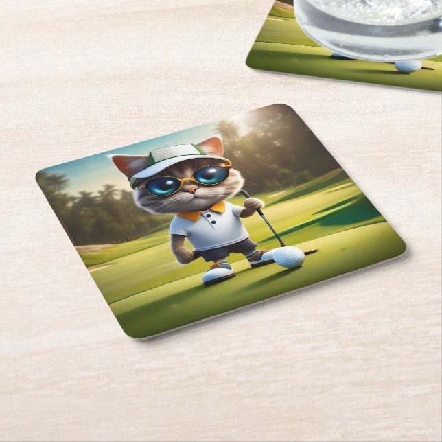 Funny Animerad Cat Golf Player Underlägg Papper Kvadrat (Vinklad)