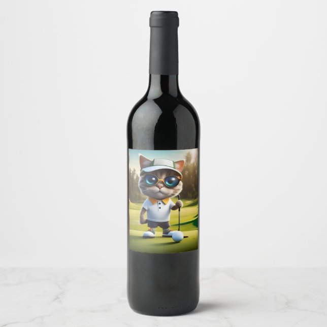 Funny Animerad Cat Golf Player Vinflaska Etikett (Framsida)
