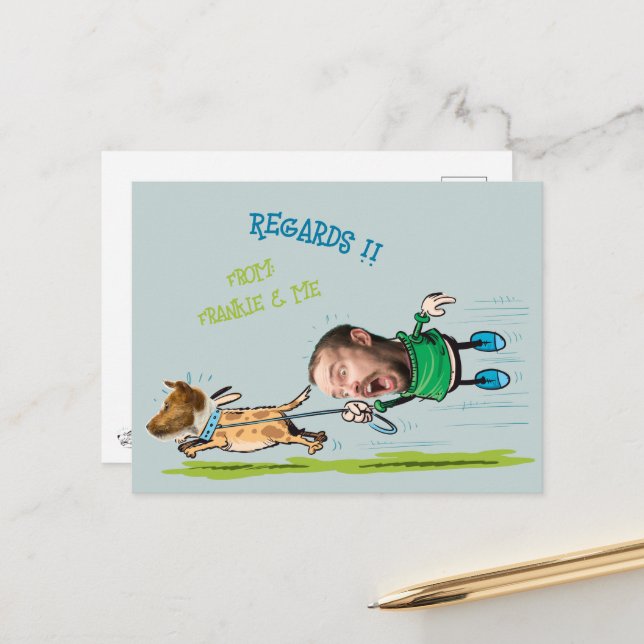 Funny Ansikte-fotoman Walking hund-vykort Vykort (Fram/Back In Situ)