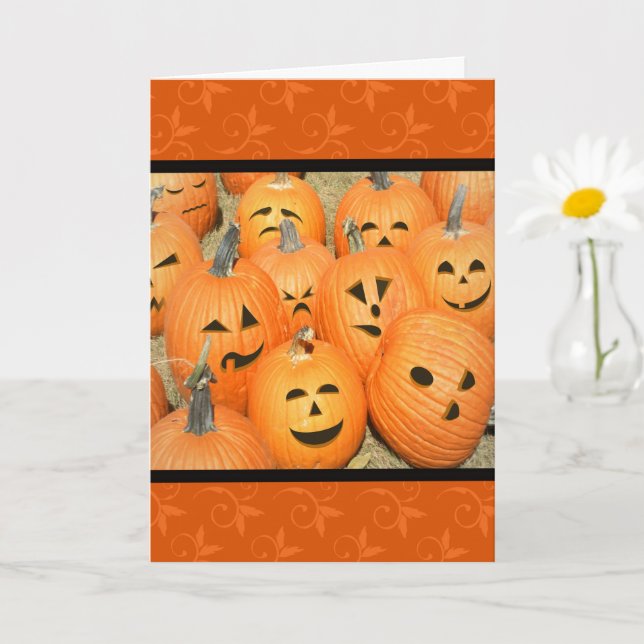 Funny Ansikte Pumpkin Patch Halloween Card Kort (Liten växt)