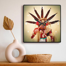 Funny Ansikte Wood Kachina Doll upplever varje ögo Fyrkantig Klocka