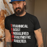 Funny antitrumpakronym Politiskt humor T Shirt<br><div class="desc">Antitrumpens märkliga t-shirt med en ord-dikt som beskriver hans karaktär: tyrannisk,  rasistisk,  okvalificerad,  kvinnofientlig panderer. Stå emot denna skattskyldiga man och fortsätta att stödja motståndssträvandena för lika höger och grundläggande mänsklig anständighet i Amerika. Kampen för frihet i land för alla tävling och gender.</div>