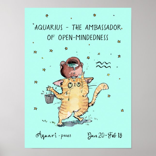 Funny Aquarius poster Stjärntecknet Zodiac Cat pos (Framsidan)