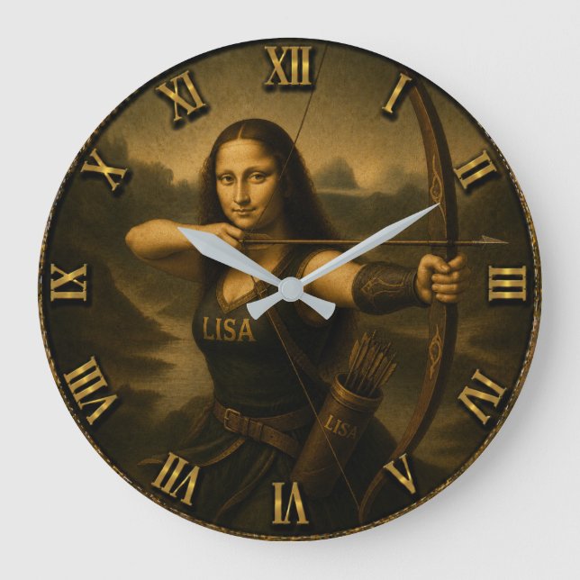 Funny Archery Mona Lisa Bow and Arrow Gift Stor Klocka (Framsida)