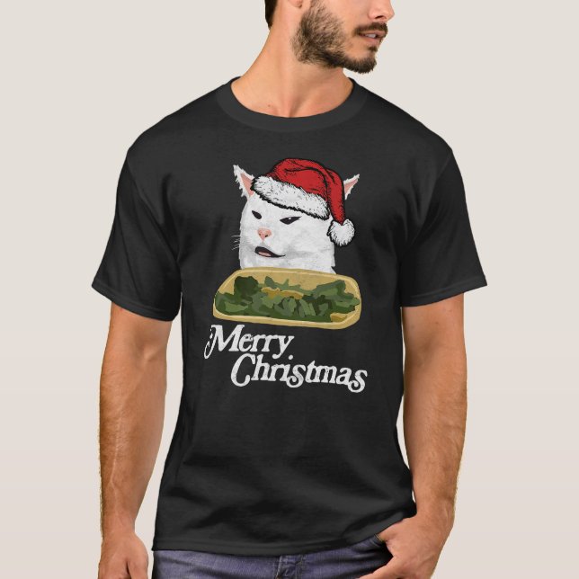 Funny Arguing White Cat Meme in Santa Hat Christma T Shirt (Framsida)