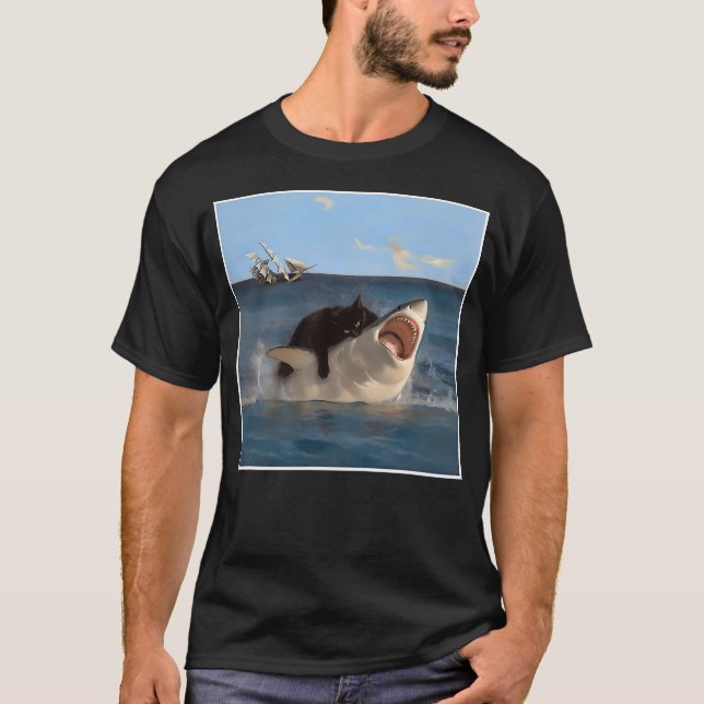 funny Art & Cat Lover Quote Cat Biting Shark Cool  T Shirt (Framsida)