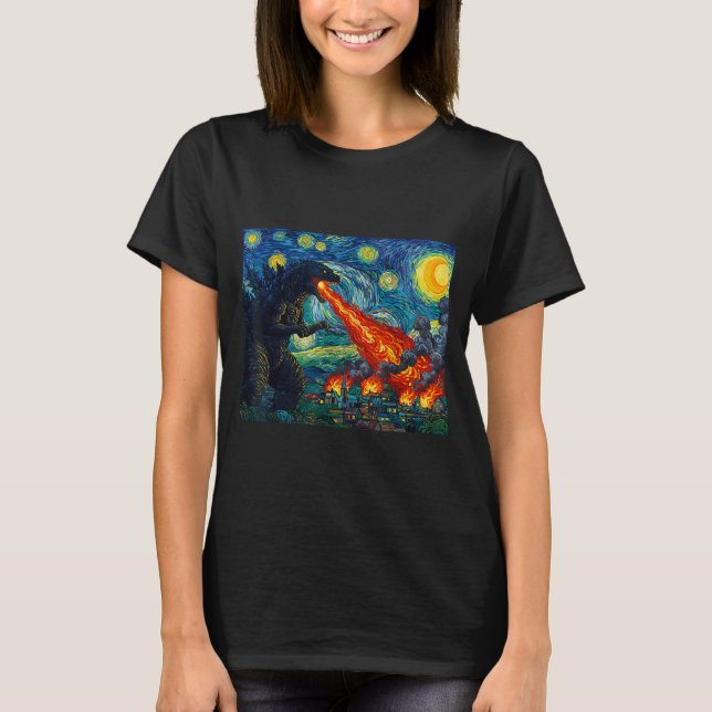 Funny Art Japanese Monster Kaiju In Van Gogh Starr T Shirt (Framsida)