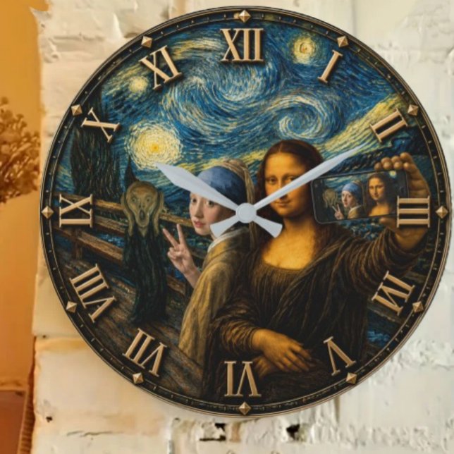 Funny Art Selfie Mona Lisa  Stor Klocka (Skapare uppladdad)