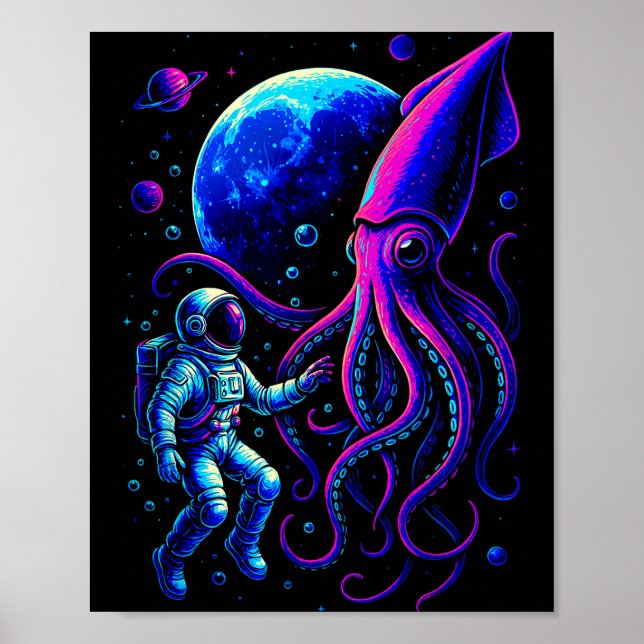 Funny Astronaut And Squid In Underwater Space With Poster (Framsidan)