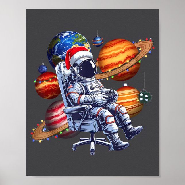 Funny Astronaut Christmas Space Lights Santa Hat P Poster (Framsidan)
