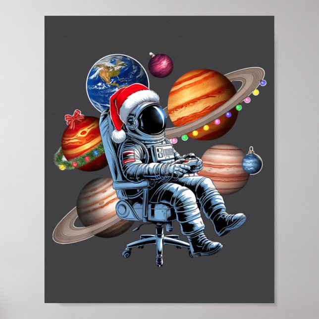 Funny Astronaut Christmas Space Lights Santa Hat P Poster (Framsidan)