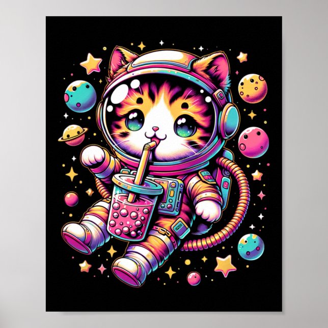 Funny Astronaut Space Kawaii Boba Tea Cat Poster (Framsidan)
