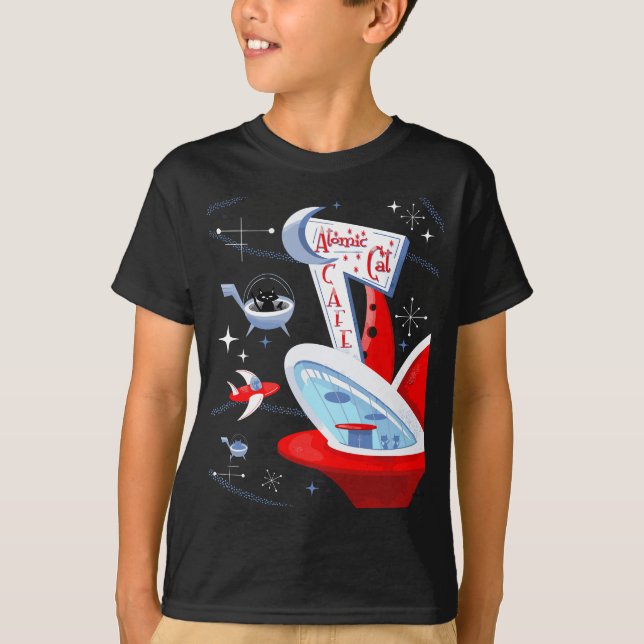 Funny atomkatat Cafe Retro Futuristiska Spaceport  T Shirt (Framsida)