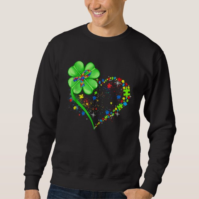 Funny Autism Awareness St Patricks Day Clover Auti Lång Ärmad Tröja (Framsida)