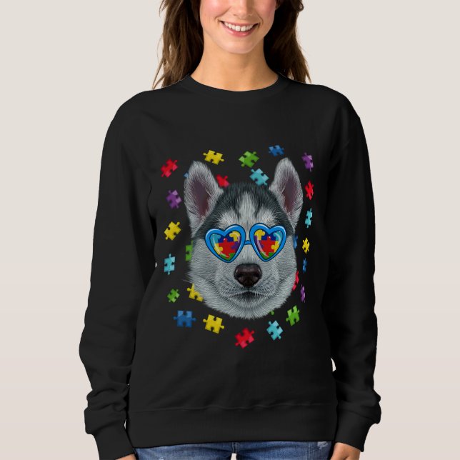 Funny Autism Siberian husky Hund Puzzle Sunglasses T Shirt (Framsida)
