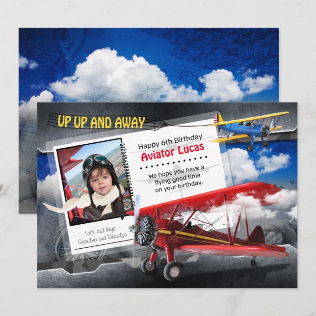 Funny Aviator Flygplan-födelsedagskort Inbjudningar (Fram/baksida)