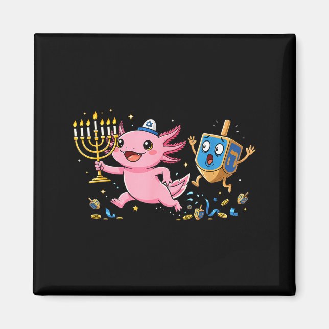 Funny Axolotl Dreidel Menorah Hanukkah Kids Womens Magnet (Framsidan)