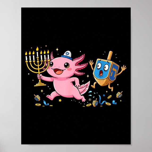 Funny Axolotl Dreidel Menorah Hanukkah Kids Womens Poster (Framsidan)