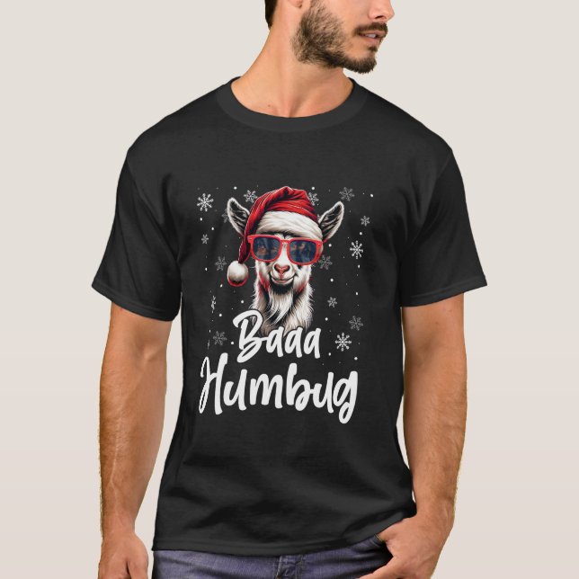 Funny Baaa Humbug Santa Hat Goat Sunglasses Snowfl T Shirt (Framsida)