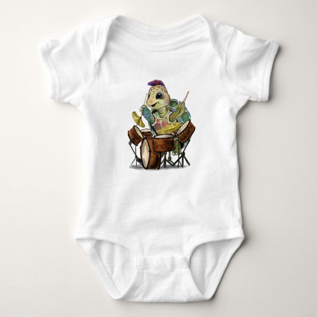 Funny Baby Bodykostym med Turtle Drummer T Shirt (Framsida)