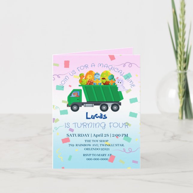 Funny baby dinosaur sopor lastbil Birthday Namn Inbjudan (Framsida)