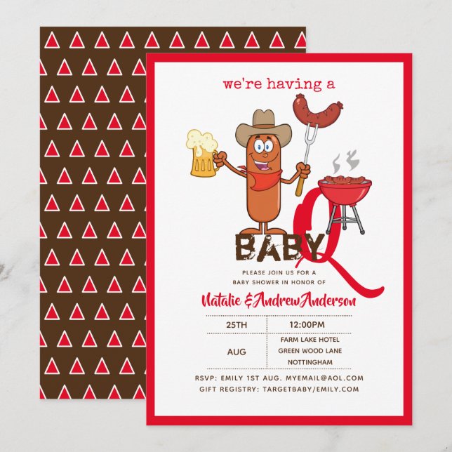 Funny Baby-Q BBQ Sause Modern Boy Girl Inbjudningar (Fram/baksida)