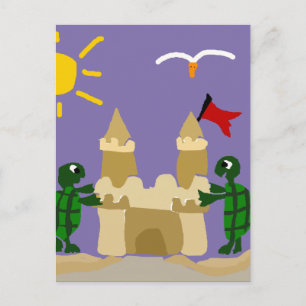 Funny Baby Turtles Byggnad Sand Castle Vykort