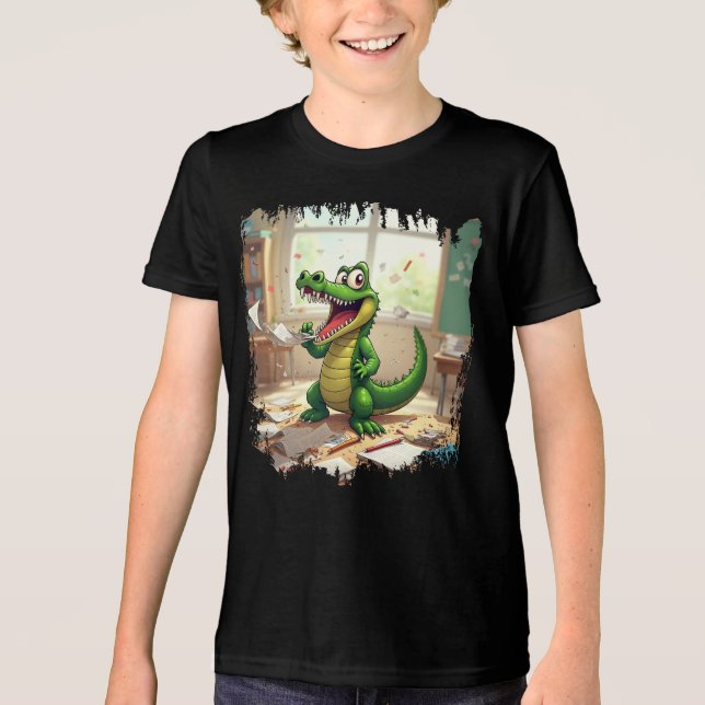 Funny Back to school Dinosaur Eating Homwork T Shirt (Framsida)