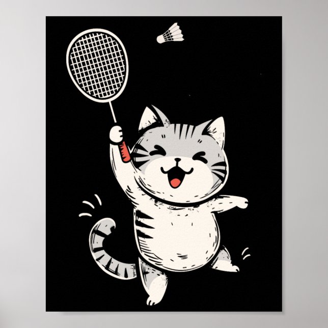 Funny Badminton Cat Cute Kattunge Badminton Player Poster (Framsidan)
