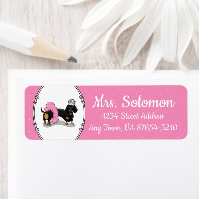 Funny Ballerina Princess Dachshund (svart & tan) Returadress Etikett (Insitu)
