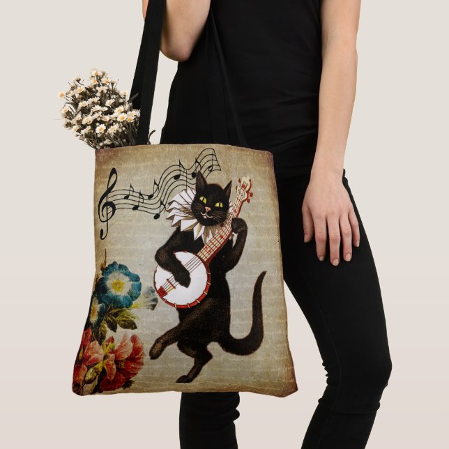 Funny Banjo Musician Cat Tote Bag Tygkasse (Närbild)