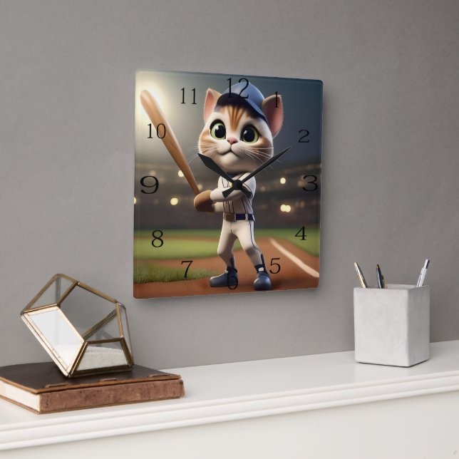 Funny Baseball Cat Fyrkantig Klocka (Kontor)