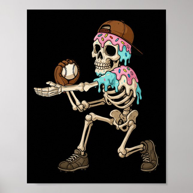 Funny Baseball Skeleton Ice Cream Drip Baseball Bo Poster (Framsidan)