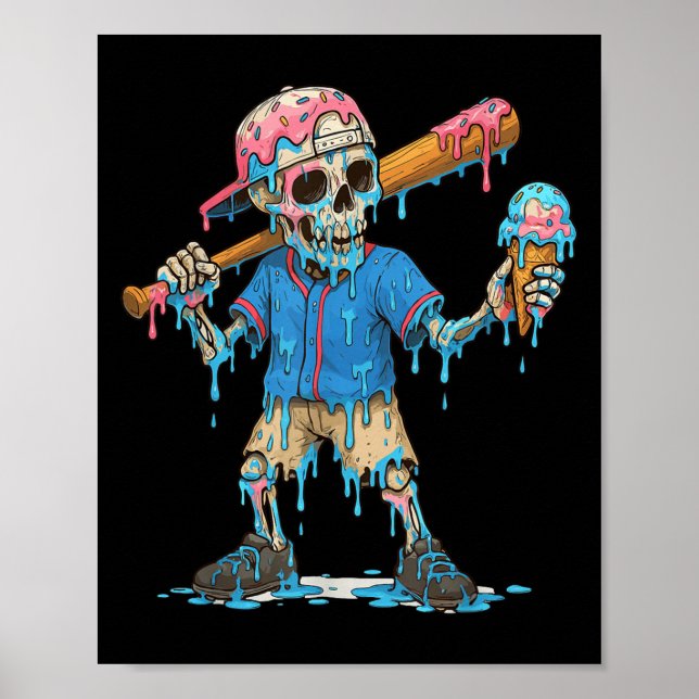 Funny Baseball Skeleton Ice Cream Drip Baseball Bo Poster (Framsidan)