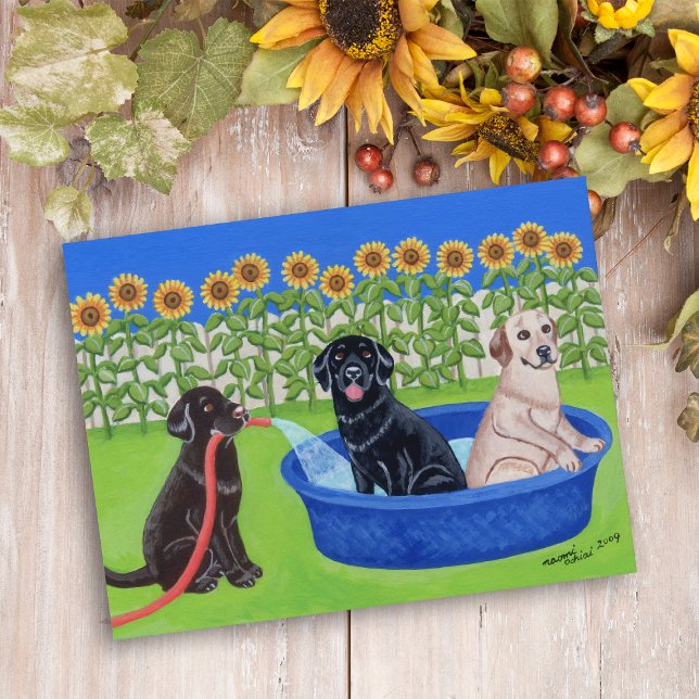 Funny Bassäng Party Labradors Vykort (Funny Pool Party Labradors Postcard for Labrador Owners.  Sunflowers give summer vibes.  Cute.)