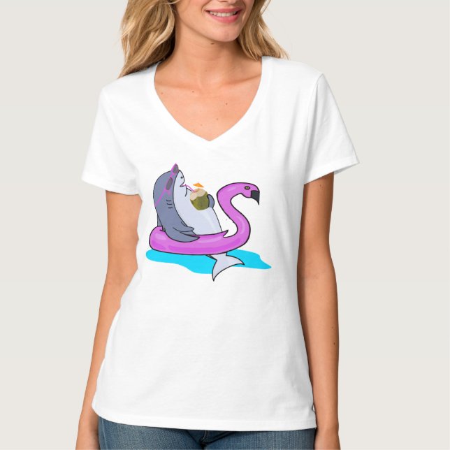 Funny Bassäng Side Rosa Svan Flyter | Shark Helg T Shirt (Framsida)