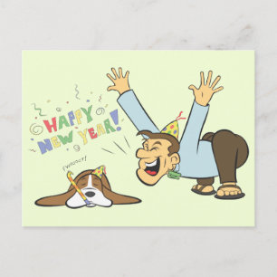 Funny Basset and Man Celebrate New Years Tecknad Vykort