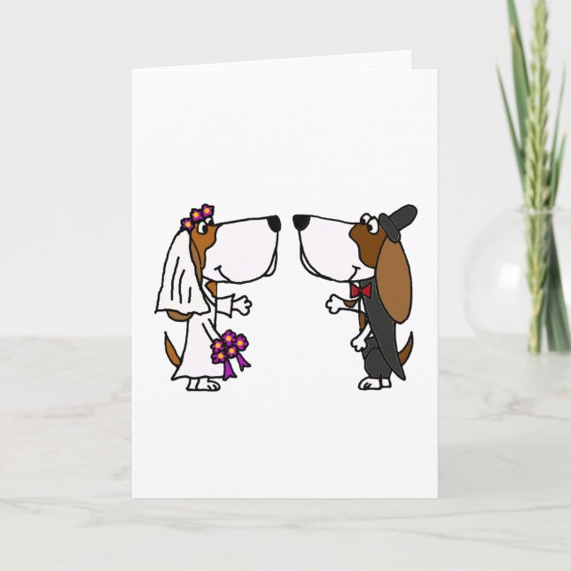 Funny Basset Hound Bride och Groom Bröllop Art Kort (Framsida)