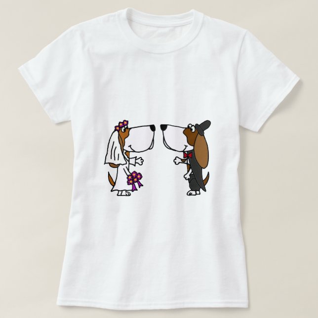 Funny Basset Hound Bride och Groom Bröllop Art Tee Shirt (Design framsida)