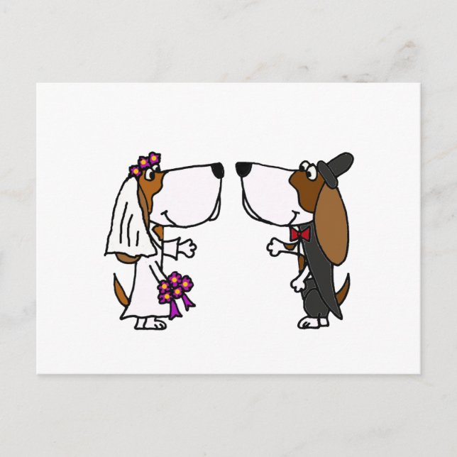 Funny Basset Hound Bride och Groom Bröllop Art Vykort (Framsida)