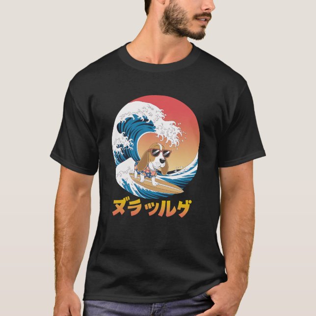 Funny Basset Hound Japansk Kanagawa Wave Hund T Shirt (Framsida)