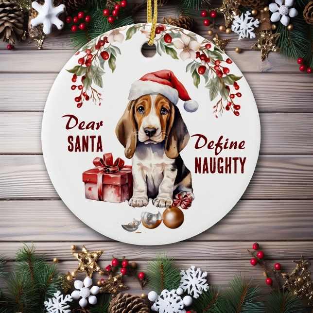 Funny Basset Hound Puppy Define Naughty jul Julgransprydnad Keramik (Skapare uppladdad)