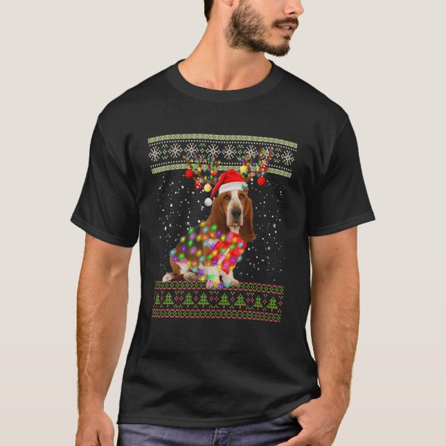 Funny Basset Hound Ugly Christmas Lights Sweater M T Shirt (Framsida)
