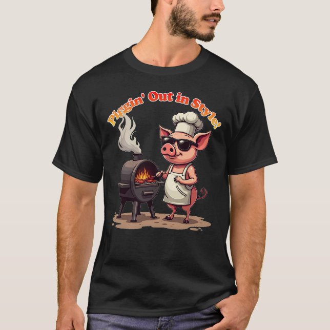 Funny BBQ Gris ’Piggin’ Out in Stil’ T-Shirt (Framsida)