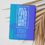 Funny Beach Destination Wedding Spara Datumet<br><div class="desc">Bröllop spara datum i en strandblå ombre handflatan träd-design som är tryckt med det roliga ordspråket "Sprit,  mat och dålig dansrörelse". Ange tonen för din bröllop firande med de här sparat datumet perfekten för vilket badbröllop som helst.</div>