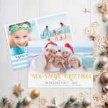 Funny Beach-julkusten Julkort<br><div class="desc">Snabb och enkel beställning! Vill du fira en kustjul eller åka till stranden för helgdagarna? Du kommer att ge dina vänner och familjens ansikte ett leende när du skickar dem detta "Sea-Sands Hälsning"-fotokort. Med en rolig pun har den här nautiska helgdag blå rand, guld typografi och rum för 3 foton....</div>